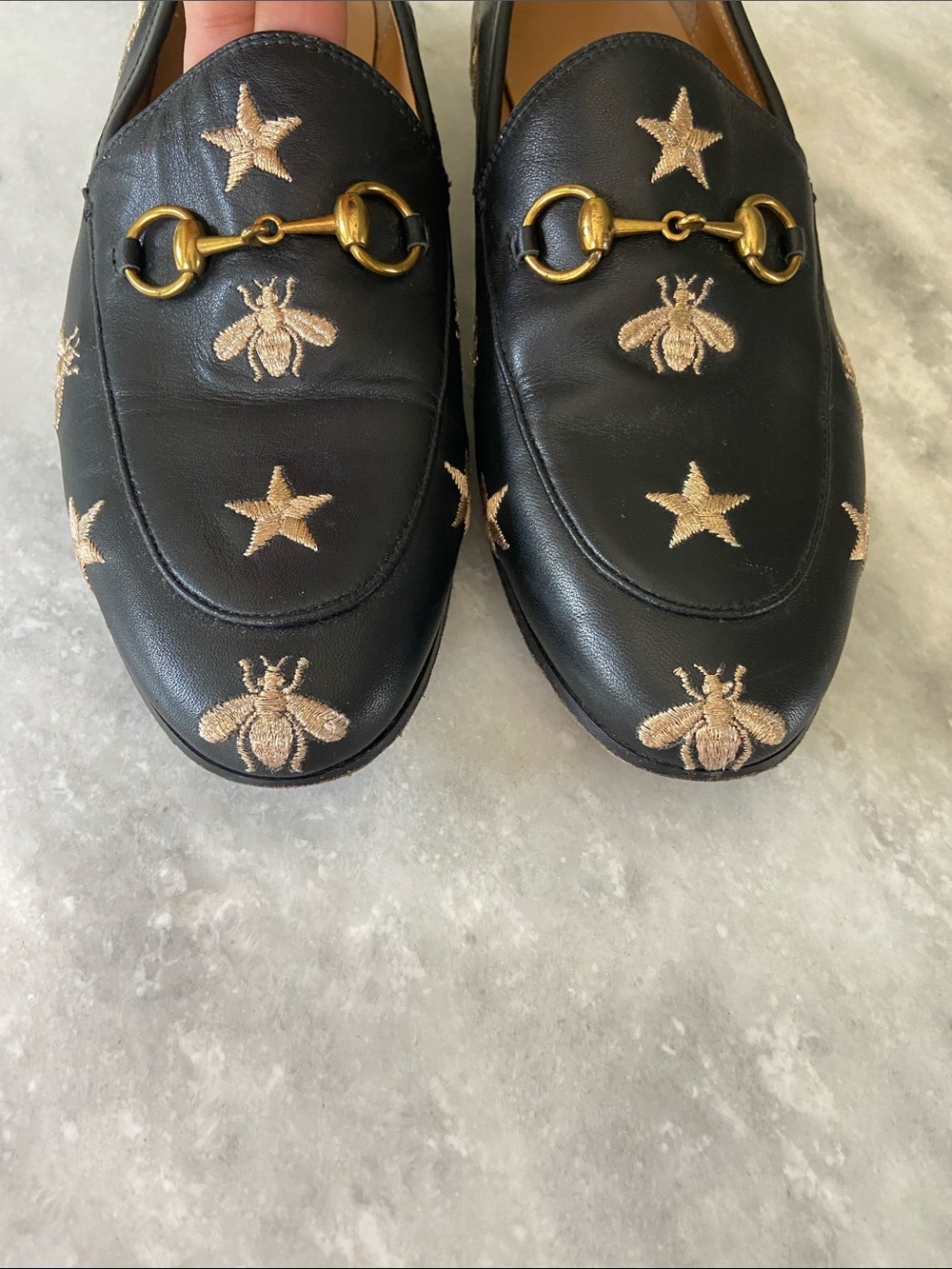 Gucci Black Leather Horsebit Loafers with Gold Embroidered Stars & Bees - Picture 2 of 9